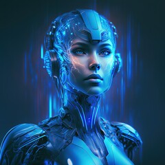 Poster - AI in image robot woman or female cyborg working on 3d holographic interface. Futuristic modern. Generative AI