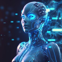 Poster - AI in image robot woman or female cyborg working on 3d holographic interface. Futuristic modern. Generative AI
