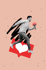 Poster - Vertical collage image of excited overjoyed black white colors guy hold like notification bouquet running isolated on drawing background