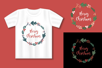 Wall Mural - Merry Christmas quote. Vector lettering for t shirt, poster, card. Merry Christmas concept with t-shirt mockup