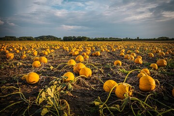 Wide pumpkin field on the backgroun of a forest in the evening