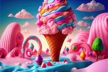 Fantasy Colorful Sweet Magical Landscape Of Ice Cream.