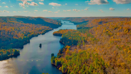 Wall Mural - Autumn forest on the riverside, beautiful trees and blue river. Fall colors. View above. New England fall foliage in Connecticut (Falls Brook Falls Trail, near Hartland)