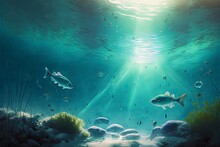 Waters Of A Lagoon, Light Rays Shining Down, White Foam On The Water, Fish Swimming Below.