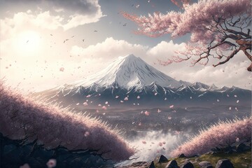 Wall Mural - Mount Fuji and cherry blossom petals