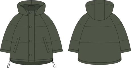 Wall Mural - Ooversized raglan puffer winter down coat technical sketch. Khaki green color. Women's quilting jacket design template. Children's outerwear mock up.