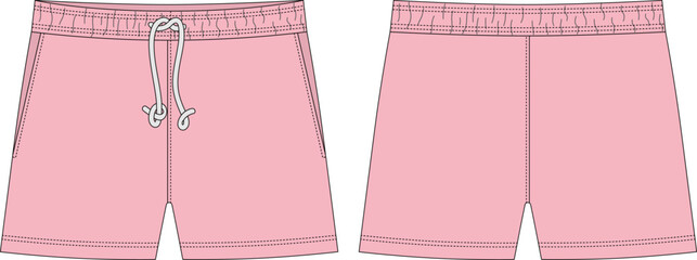 Wall Mural - Blank shorts pants technical sketch design template. Peach pink color. Casual shorts with pockets and lace.