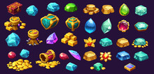 Treasure Icons With Piles Of Gold Coins And Gemstones. Treasures And Riches A Set Of Game Design Elements Isolated On A Blue Background. Vector Illustration