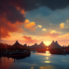 Wall Mural - A illustration of sunny sky in at sunset.	