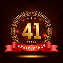41th Anniversary Logo Design. Golden Number 41 With Sparkling Confetti And Ribbon, Vector Template Illustration