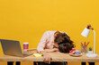 © ViDi Studio - Young weary tired sad exhausted employee business woman wear casual shirt sit work at white office with pc laptop put head on desk sleep isolated on plain yellow background Achievement career concept.