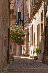  A typical, narrow, picturesque street in the Provence region of France. A street with building facades and colorful flowers in the city of Arles. Summer in the Mediterranean region.