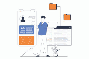 Fototapete - App development concept with people scene in flat outline design. Man develops mobile app interface and works with code, tests and optimizes. Vector illustration with line character situation for web