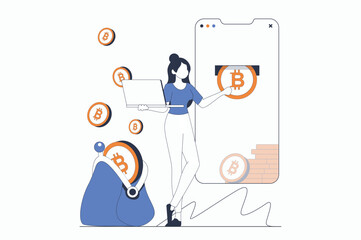 Poster - Cryptocurrency mining concept with people scene in flat outline design. Woman mining bitcoin in digital wallet using mobile phone and laptop. Vector illustration with line character situation for web