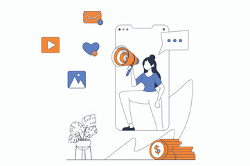 Leinwandbilder - Digital marketing concept with people scene in flat outline design. Woman with megaphone making online brand promotion in social networks. Vector illustration with line character situation for web