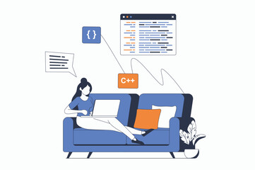 Freelance working concept with people scene in flat outline design. Woman developer doing tasks remotely and programming on laptop at home. Vector illustration with line character situation for web