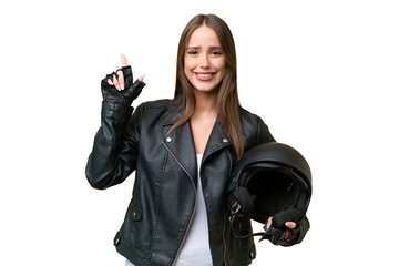 Wall Mural - Young pretty caucasian woman with a motorcycle helmet over isolated background pointing up a great idea