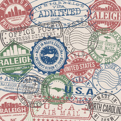  Raleigh, NC, USA Set of Stamps. Travel Stamp. Made In Product. Design Seals Old Style Insignia.