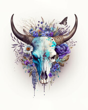 A Cow Skull On A White Background, Surrounded By Purple And Blue Flowers, Water Color Style, Bull, Horns, Farmhouse Decor, Boho, Ai Assisted