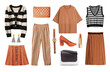 Fashion women clothes set isolated.Female trendy outlook.Brown black apparel.