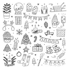 Set of winter elements for new year and christmas. Christmas tree, garlands and toys, sledges, mittens and socks, aroma candles. Black and white vector isolated illustration hand drawn doodle