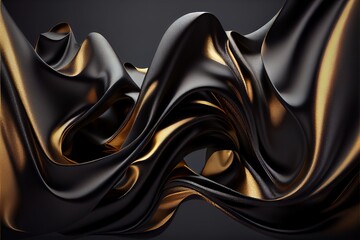 Wall Mural - a black and gold abstract background with wavy lines and curves of liquid liquid flowing down the center of the image. Generative AI