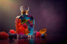  A Bottle Of Liquid With A Colorful Design On It And Berries Around It On A Table With A Purple Background.