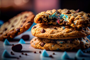 Poster -  a stack of cookies with chocolate chips and sprinkles on a table with blue and pink confetti. Generative AI