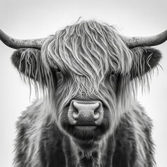 black and white illustrated photo of a highland cow staring at the cameras, canon 85mm , symmetrical horns, ai assisted