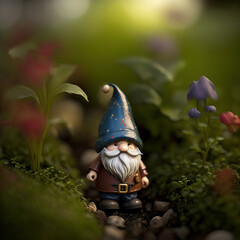 Wall Mural - A cute and expressive tiny garden gnome surrounded by vegetation. Photorealistic illustration.