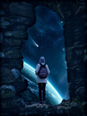 Wall Mural - space scene with planets, stars and galaxies. a girl stands with her back and looks at space