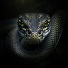 Deadly Black Snake Looking Into The Camera. Exotic Snake Look At You. Snake Eyes. Reptile Predator. Agressive Snake Face Close Up.