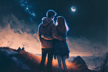 Young Couple Embracing Each Other In Love On The Hill Outdoor At Night, Silhouette Facing Showing Back, Colorful Illustration Art Generative Ai Drawing 