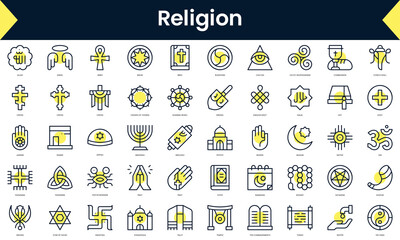 Wall Mural - Set of thin line religion Icons. Line art icon with Yellow shadow. Vector illustration