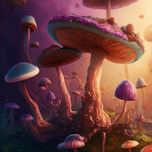 Mystic Mashrooms In A Deep Faery Forest. Alida In The Wonderland Mushrooms. Magic Mushrooms Growing In The Forest. Mushrooms Digital Illustration.