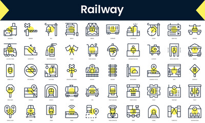 Wall Mural - Set of thin line railway Icons. Line art icon with Yellow shadow. Vector illustration