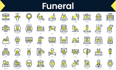 Wall Mural - Set of thin line funeral Icons. Line art icon with Yellow shadow. Vector illustration