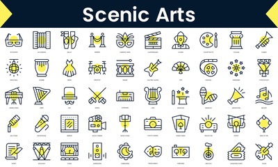 Set of thin line scenic arts Icons. Line art icon with Yellow shadow. Vector illustration