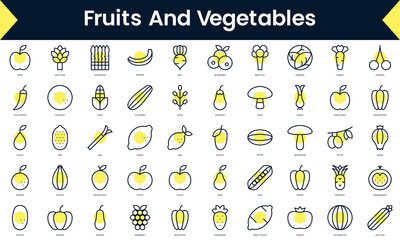 Wall Mural - Set of thin line fruits and vegetables Icons. Line art icon with Yellow shadow. Vector illustration