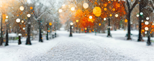 Wall Mural - Color snowflakes on winter park background Snowfall