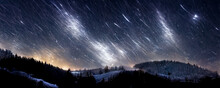 Dark Sky Full Of Shiny Stars In Carpathian Mountains