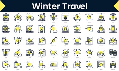 Wall Mural - Set of thin line winter travel Icons. Line art icon with Yellow shadow. Vector illustration