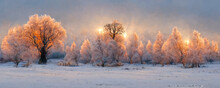 Frosty Winter Trees Illuminated By The Rising Sun