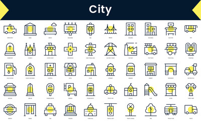 Wall Mural - Set of thin line city Icons. Line art icon with Yellow shadow. Vector illustration