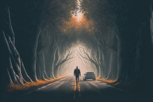 A Man Stands On The Road With Evil Trees, Horror Mystery