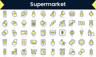 Wall Mural - Set of thin line supermarket Icons. Line art icon with Yellow shadow. Vector illustration