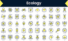 Set Of Thin Line Ecology Icons. Line Art Icon With Yellow Shadow. Vector Illustration