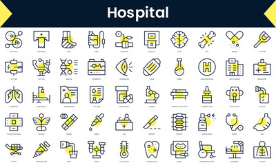 Wall Mural - Set of thin line hospital Icons. Line art icon with Yellow shadow. Vector illustration