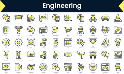 Wall Mural - Set of thin line engineering Icons. Line art icon with Yellow shadow. Vector illustration