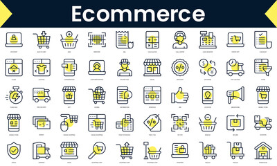 Wall Mural - Set of thin line ecommerce Icons. Line art icon with Yellow shadow. Vector illustration